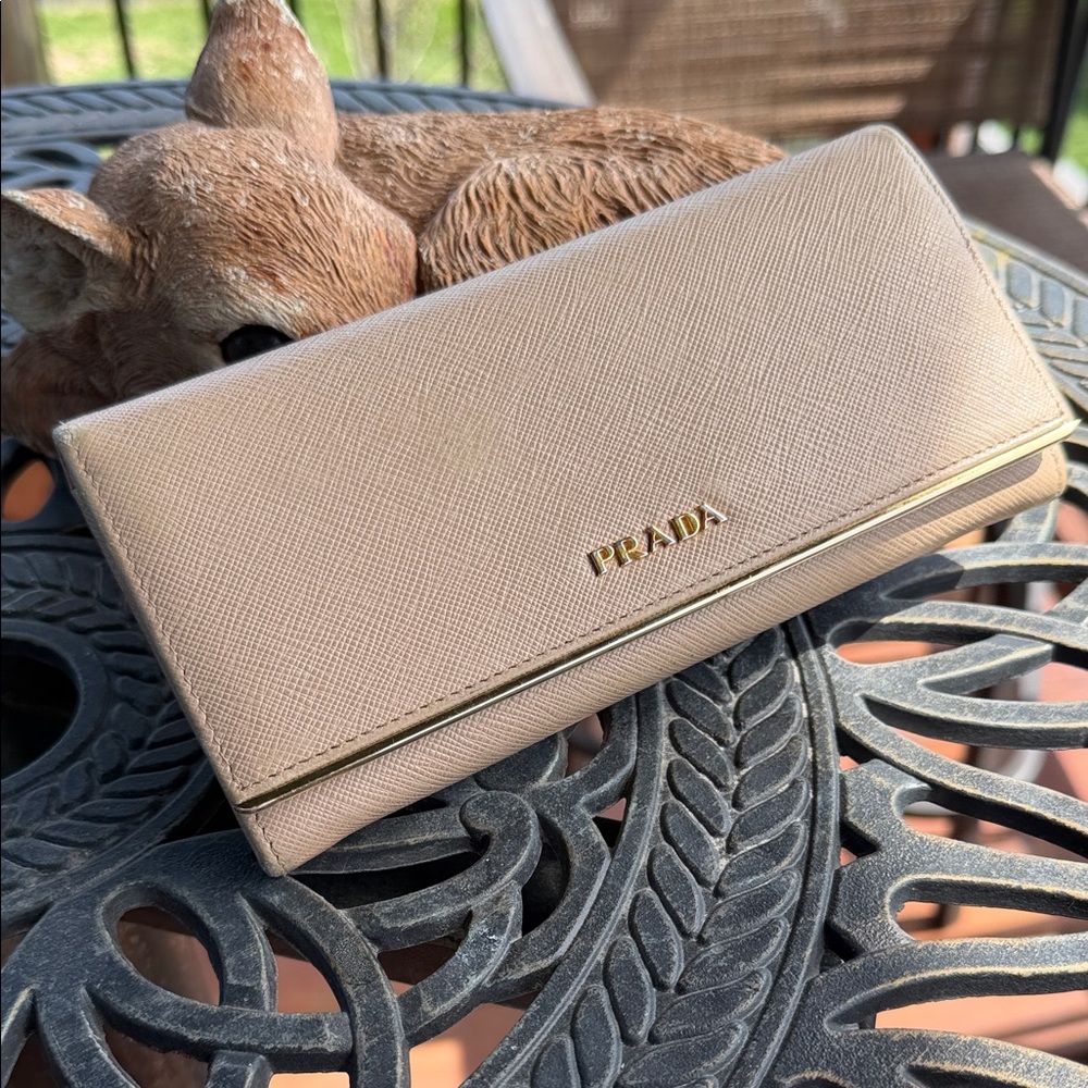 Authentic Prada Beige Saffiano Leather Flap Wallet w/Metal Bar & ID/Card Case